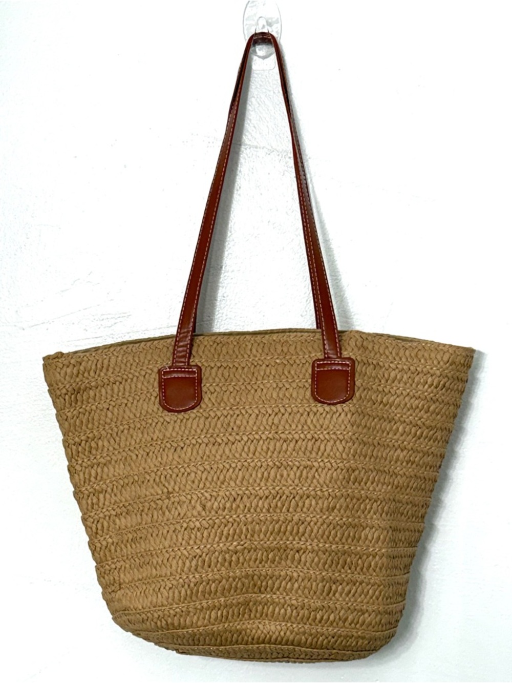 Woven Straw Tote with Brown Leather Straps - Picture 6 of 6